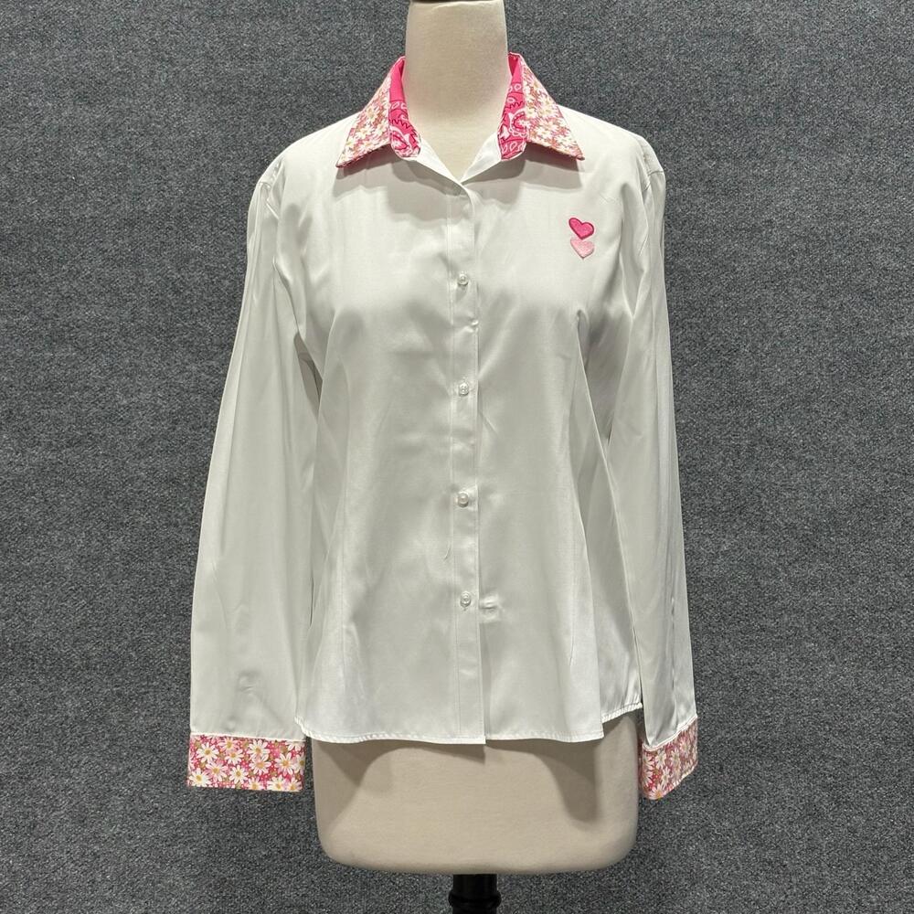 ROMI BASHA Shirt Womens Medium White Heart Floral Trim Button Front Valentines